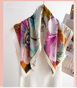 Detail of colorful floral silk scarf with vibrant abstract print and contrast border
