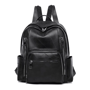 Women's black pebbled leather backpack with multi-pocket design and contrast stitching