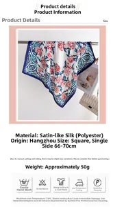 Detailed view of floral satin scarf specifications and professional washing care icons
