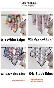 Detail showing four assorted floral silk scarves with elegant glossy textures
