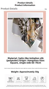 Detail view of square silk-like scarf with floral patterns and geometric grid designs