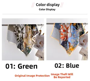 Detail view of floral silk scarves in green and blue with geometric patterns