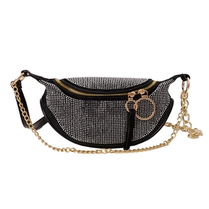 Sparkling black rhinestone crossbody bag with gold chain strap and large ring zippers