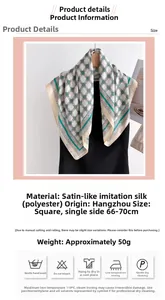 Detail of green geometric silk-like satin scarf showing texture, size, and care guide