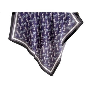 Deep purple silk square scarf with vintage carriage print and striped edges