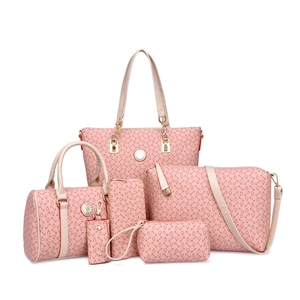6-Piece pink tote bag set with bone pattern print and gold-tone hardware accents
