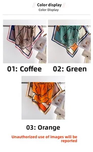 Detail of floral geometric silk scarves with satin finish in brown, green and orange
