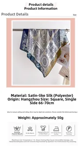 Detailed size chart of vintage satin silk scarf with retro print patterns in navy and green