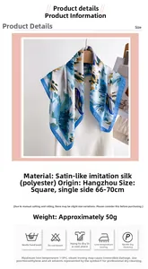 Detail of oil painting style satin silk square scarf with blue and yellow artistic texture