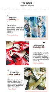Detailed views of floral print silk scarves featuring fine machine-stitched hem edges