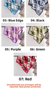 Detailed grid view of assorted silk-feel scarves with floral prints and colorful borders