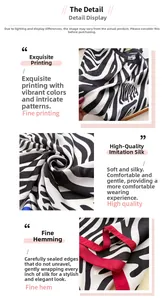 Detail of high-quality imitation silk scarf with zebra print and red stitched edges