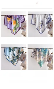 Detail of four silk scarves showing ink lotus and floral prints in elegant color options
