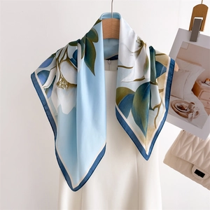 Elegant ink lotus and magnolia floral print silk-feel square scarf with blue gradient