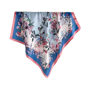 Floral print silk square scarf with vintage pink blooms and blue border on white background