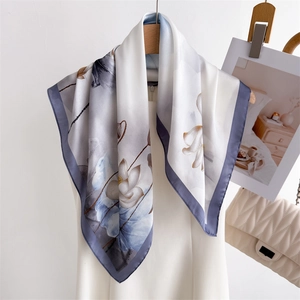 Elegant white silk square scarf with ink wash lotus floral print for women fashion