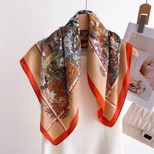 Elegant silk scarf with vintage floral print and retro scenery patterns on white stand