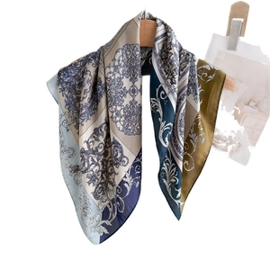 Baroque floral silk scarf for women in navy blue and olive green vintage pattern