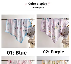 Detailed view of butterfly and floral print silk scarves in blue and purple shades