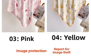 Detail view of floral and butterfly print silk scarves in pink and yellow colorways