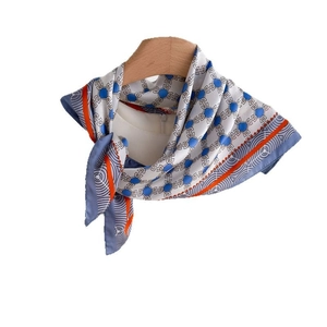 Geometric pattern silk scarf with blue hexagonal print on white and orange borders