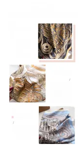 Detailed view of exquisite architectural prints and fine hems on faux silk scarves