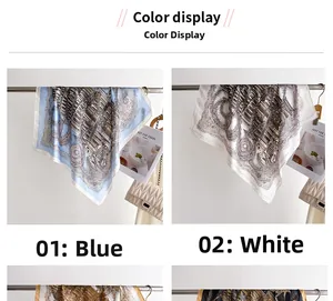 Detail view of architecture print silk scarves in elegant blue and white patterns