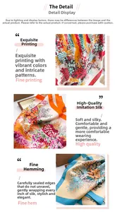 Close-up of premium faux silk square scarves featuring vibrant floral prints and delicate edges