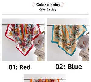 Detail view of colorful floral silk scarves in red and blue styles with elegant patterns