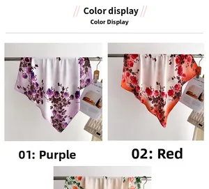 Détail de foulards en soie floraux en violet et rouge avec dégradé élégant et fini brillant