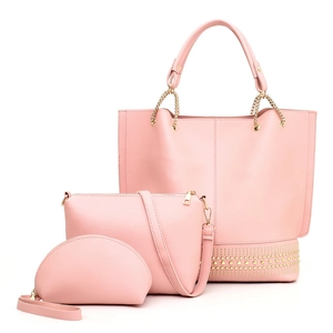 Rosa 3-teiliges Handtaschen-Set mit Shopper, Umhängetasche und Nietendetails