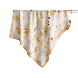 Elegant floral silk scarf with butterfly print and orange hem on ivory white background