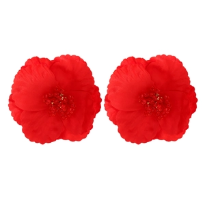 Boucles d'oreilles fleurs en tissu rouge faites main avec cristaux de bohème