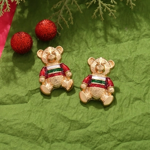 Schattige kerstbeer oorknopjes van emaille met rode en groene glitters in goudkleur