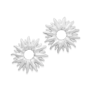 Detailed view of silver hollow sunburst earrings with irregular radial textured patterns