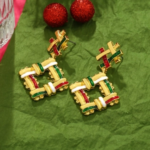 Christmas weave texture geometric square earrings with red and green enamel in gold finish