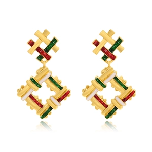 Geometric Dangle Earrings Zinc Alloy Gold Plated Drip Oil Enamel Red Green White Christmas Holiday Jewelry For Women
