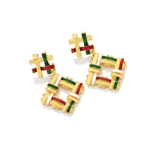 Geometric woven texture Christmas earrings with festive red green and white enamel