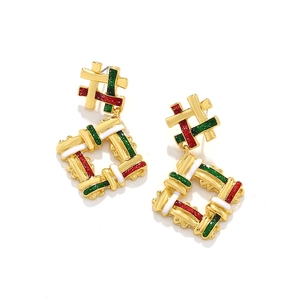 Braided texture geometric drop earrings with festive red, green and white enamel finish