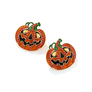 Boucles d'oreilles citrouille d'Halloween avec émail orange et strass rouges