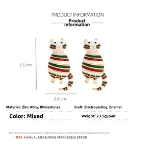 Detail view of colorful enamel cat earrings with size dimensions and weight specifications