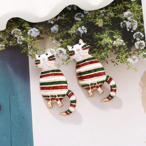Cute Christmas cat enamel stud earrings in festive red green and white stripes