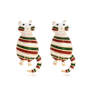 Cute Cat Christmas Stud Earrings Alloy Enamel Striped Pattern Glitter Festive Holiday Jewelry For Women Girls