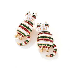 Cute enamel Christmas cat stud earrings with red and green stripes in gold plating