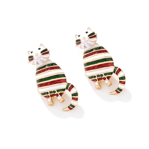 Cute Christmas cat stud earrings with red and green enamel glitter stripes for women