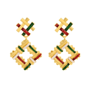 Geometric woven texture alloy earrings with red and green enamel for Christmas holiday