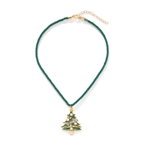 Collier Pendentif Sapin De Noël Alliage Strass Colorés Künstliche Perles Corde Verte Bijoux De Fête Rétro