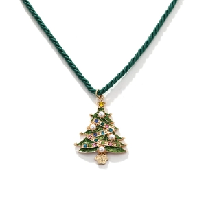 Collier pendentif sapin de Noël avec strass colorés et perles sur cordon vert