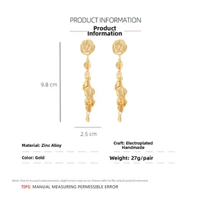 Detailed size specifications for gold hammered metal disc tassel drop earrings, 9.8x2.5cm