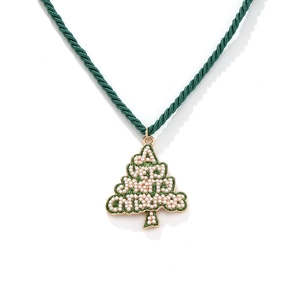Collier sapin de Noël avec pendentif à paillettes vertes et lettrage en perles chic